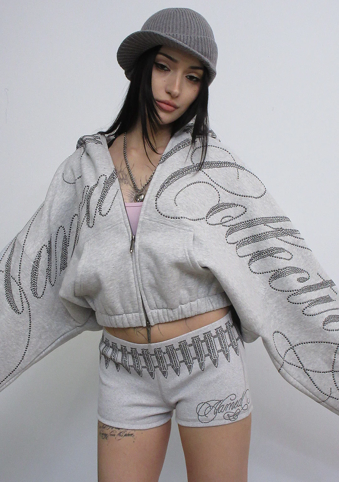 ENEMY STUDDED CROP ZIP HOODIE GREY MARL - Image 2