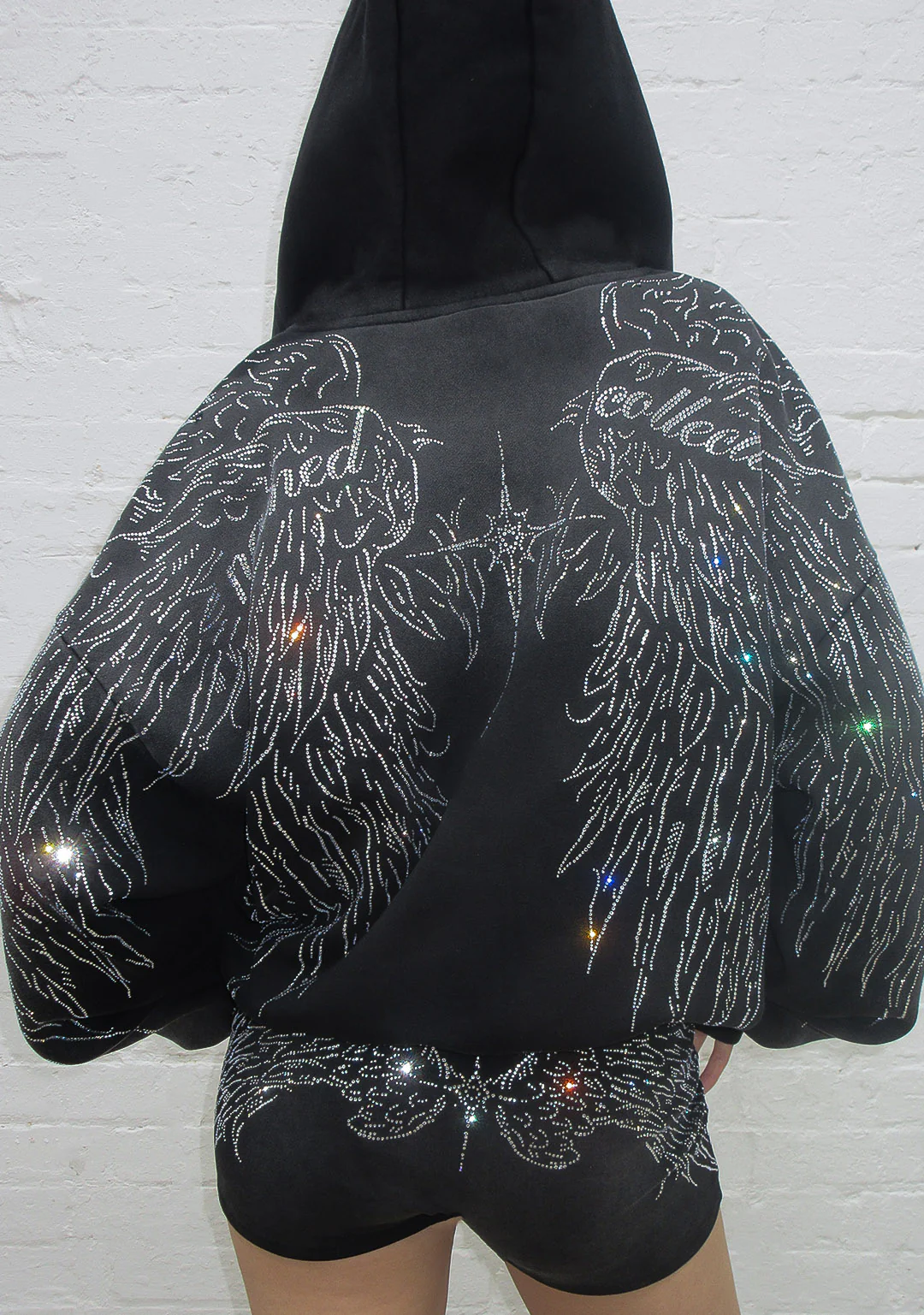 FALLEN FAUX FUR RHINESTONE ZIP HOODIE WASHED BLACK (DETACHABLE FUR) - Image 5