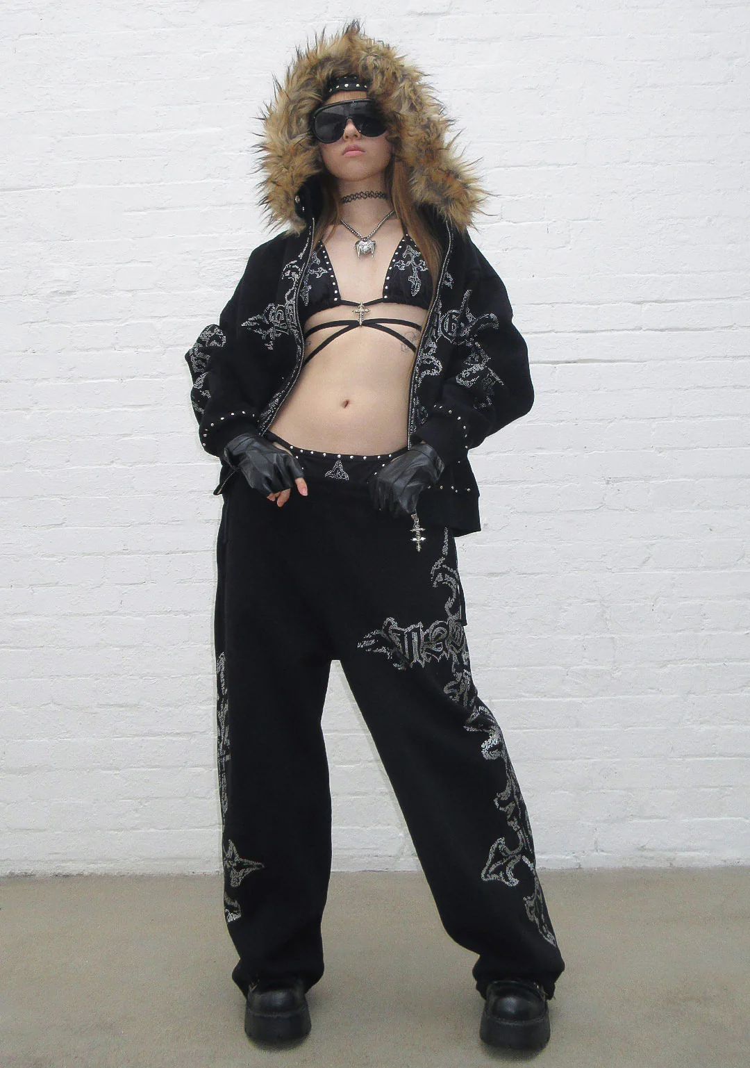FERAL FAUX FUR STUDDED ZIP HOODIE BLACK (DETACHABLE FUR) - Image 8