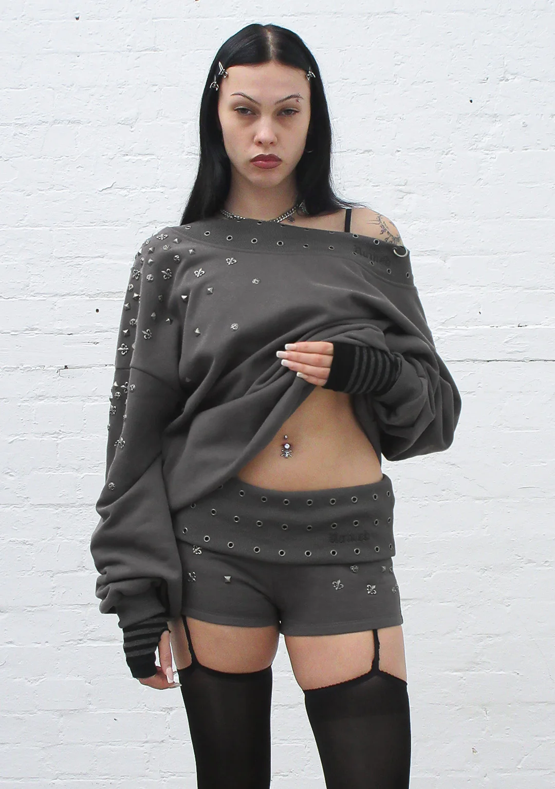 MIDNIGHT STUDDED MICRO HOTPANT SHORTS CHARCOAL - Image 2