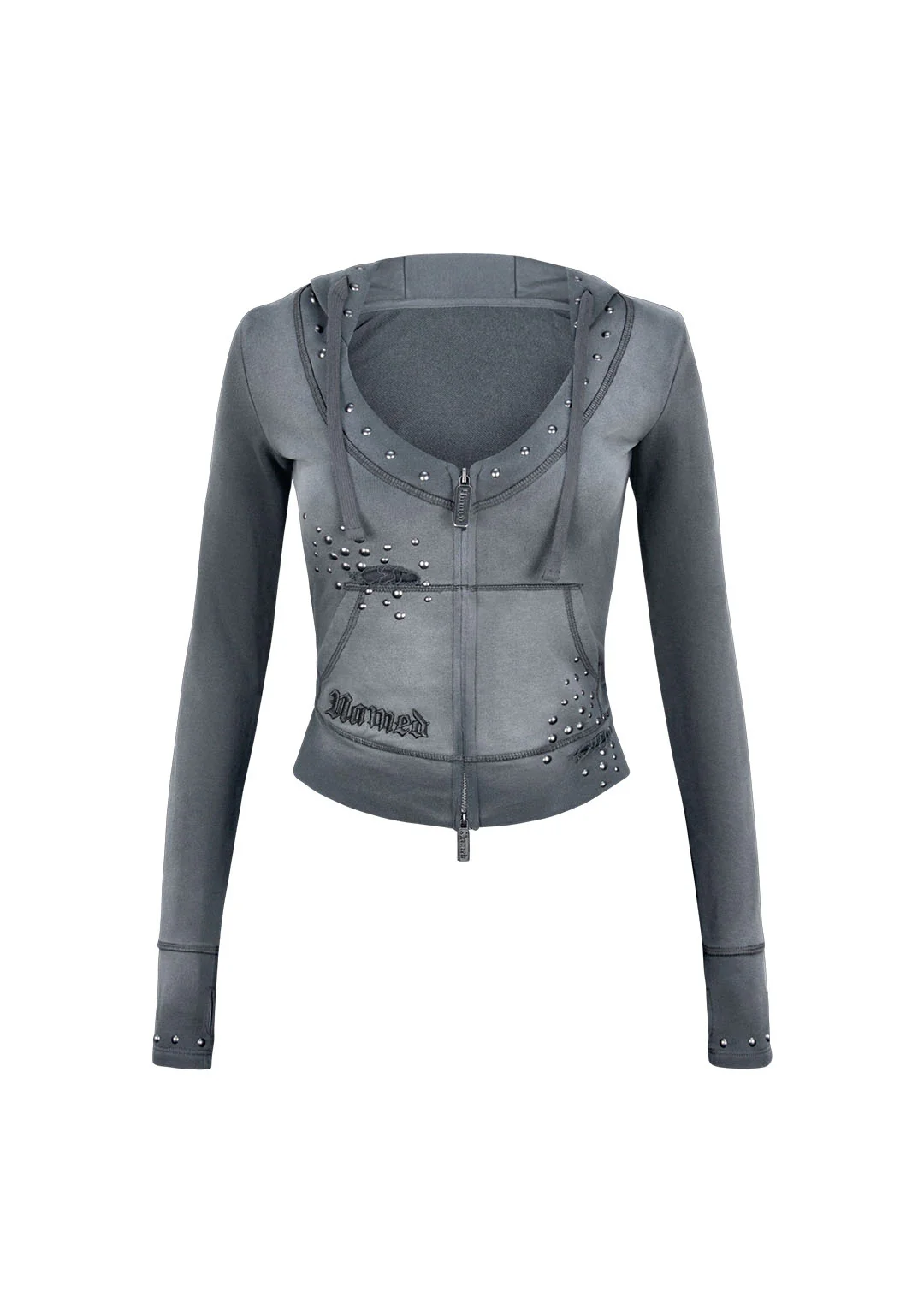 SHADOW STUDDED FITTED HOODIE WASHED GREY
