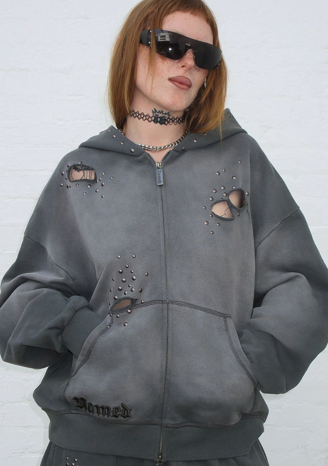 SHADOW STUDDED ZIP HOODIE WASHED GREY - Image 7